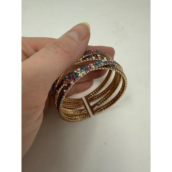 Multicolor Rhinestone 4 Row Gold Tone Statement Cuff Bracelet Boho Glam - Picture 7 of 7